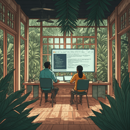 Multicultural professionals collaborating in tropical-inspired futuristic setting